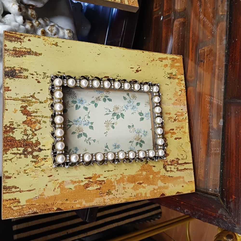 Rustic Yellow Picture Frame with Pearl Accents